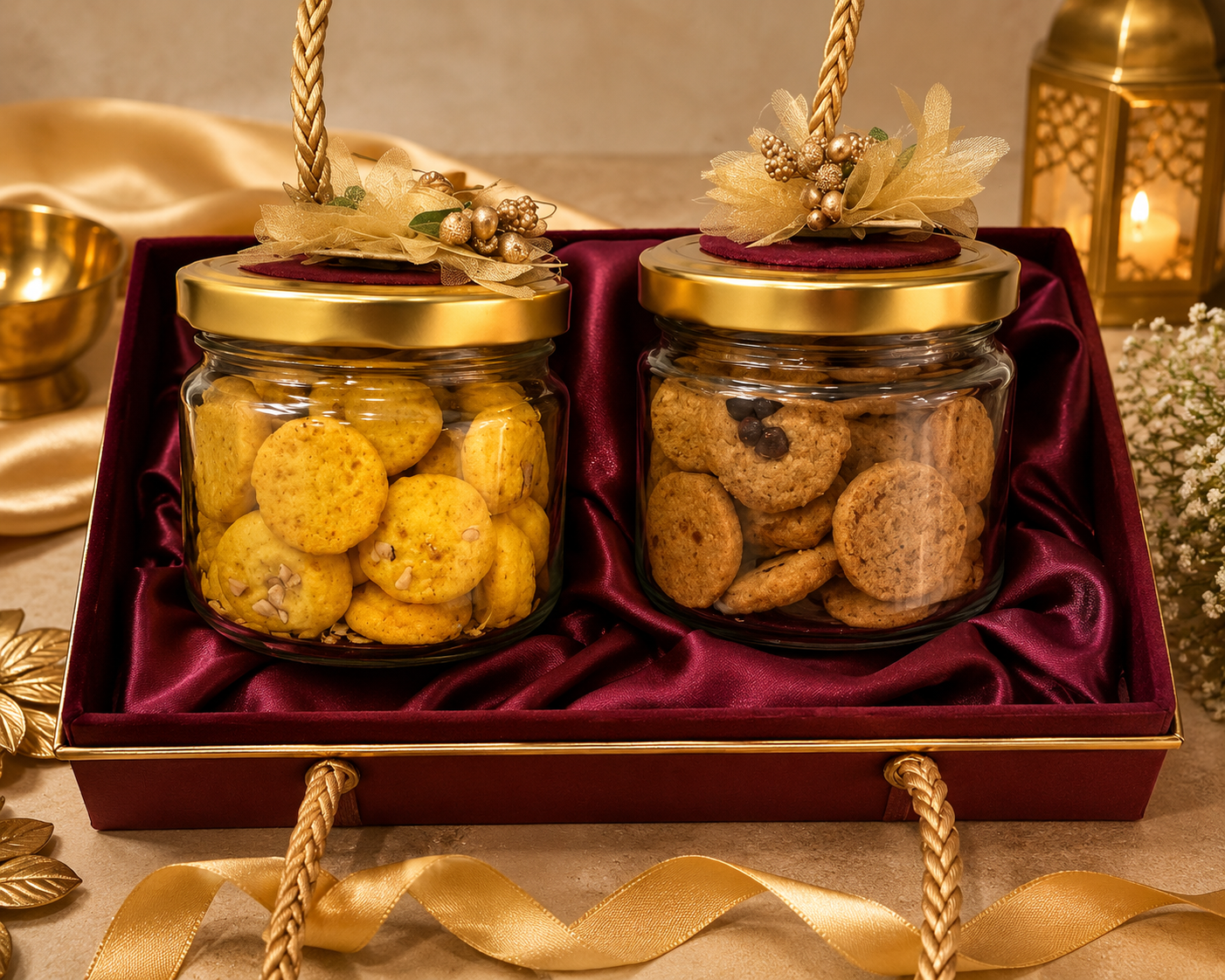 Elegant gift hamper with two jars of freshly baked cookies on maroon satin
