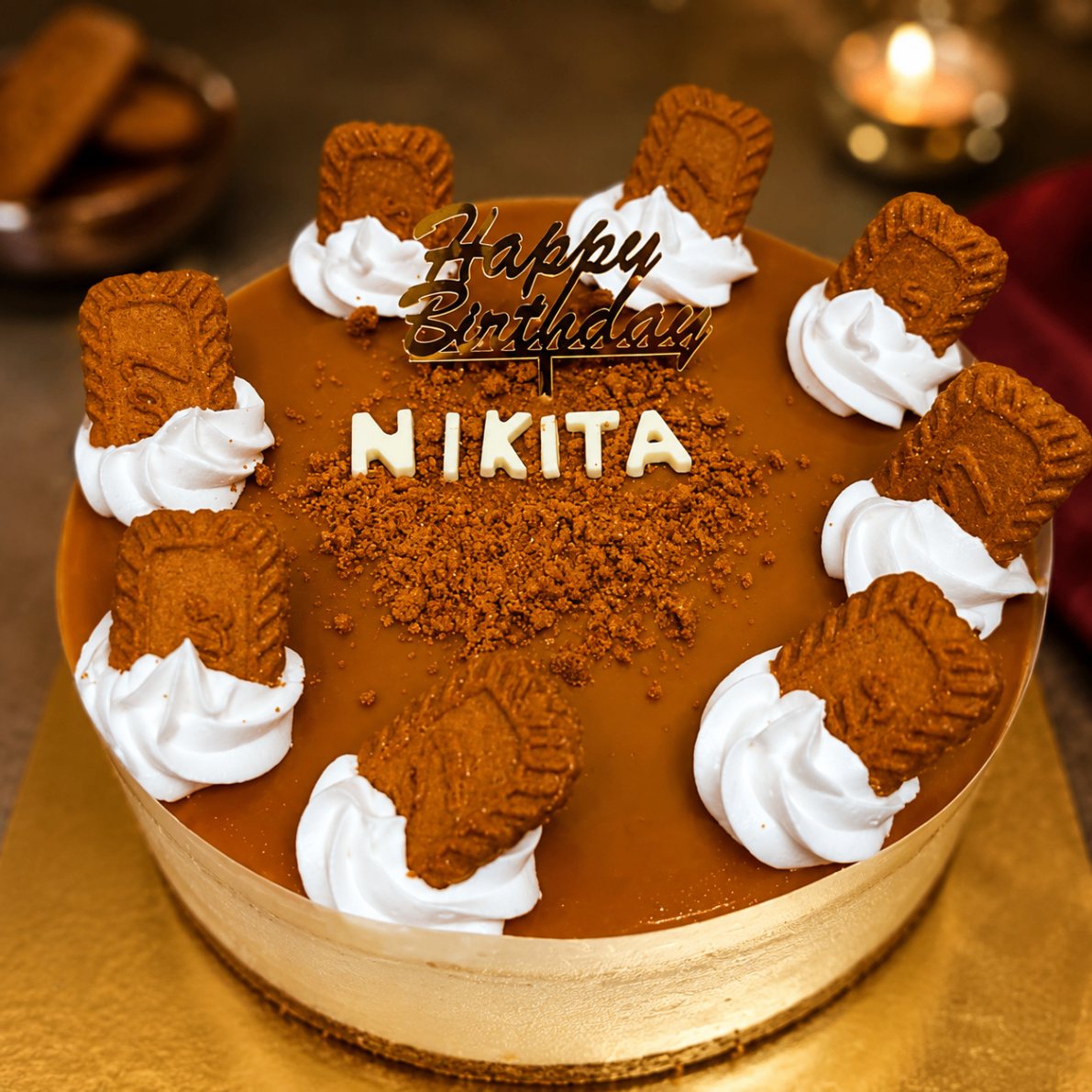 Lotus Biscoff cheesecake with cookie halves and caramel topping