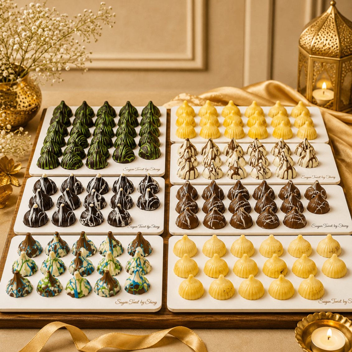 Festive handcrafted chocolate sweets displayed in neat rows on trays