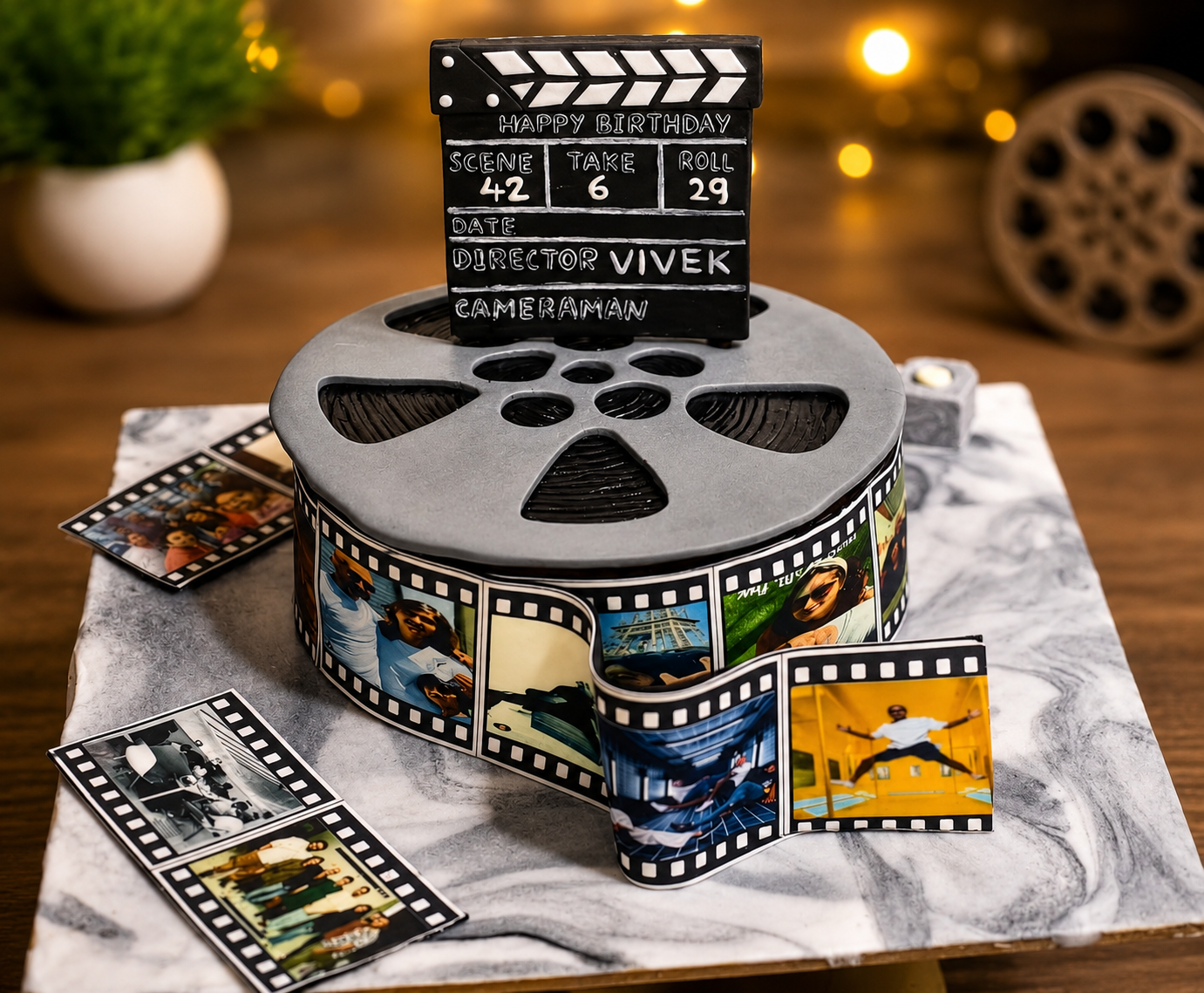 Movie reel themed photo cake with edible clapperboard topper for a birthday celebration