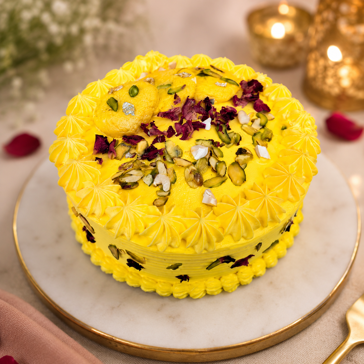 Rasmalai cake topped with pistachios, rose petals and saffron cream piping