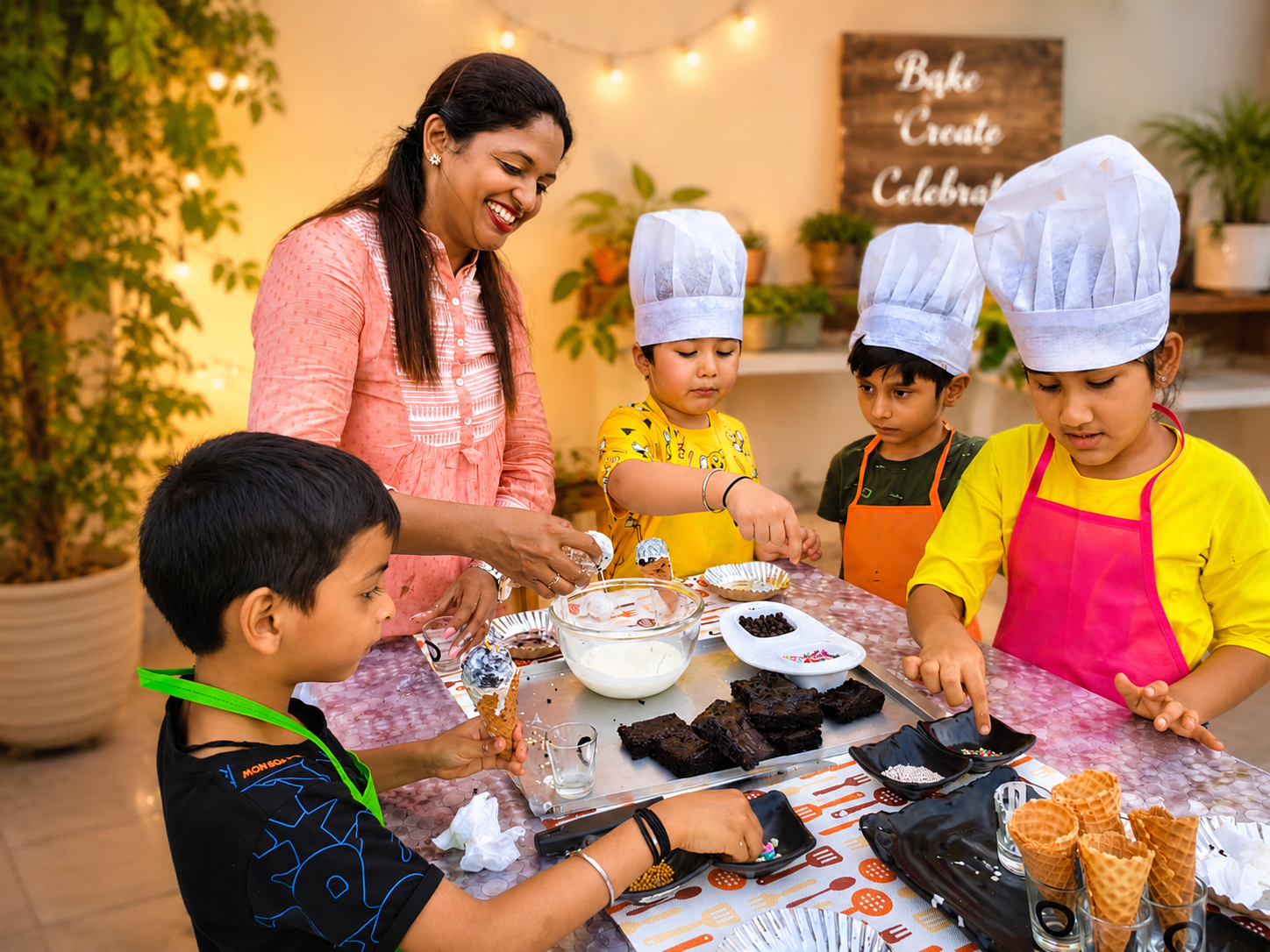 Pastry chef teaching kids and adults to decorate cakes, cupcakes and cookies in a warm bakery workshop