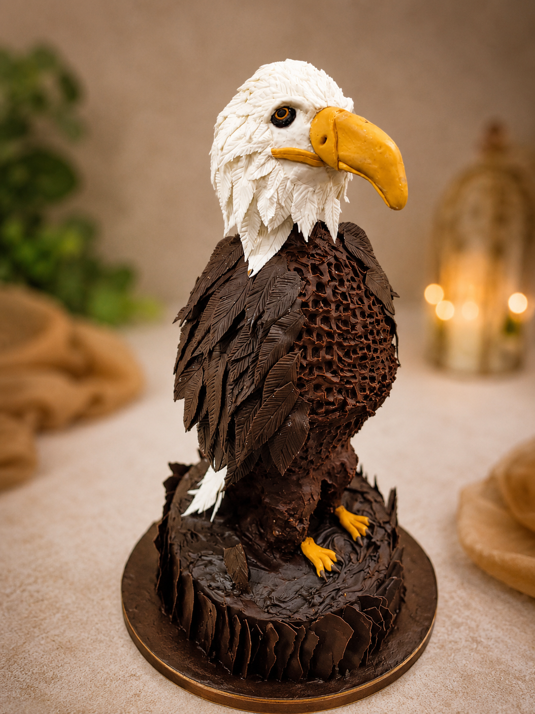 Sculpted bald eagle celebration cake handcrafted in chocolate and fondant