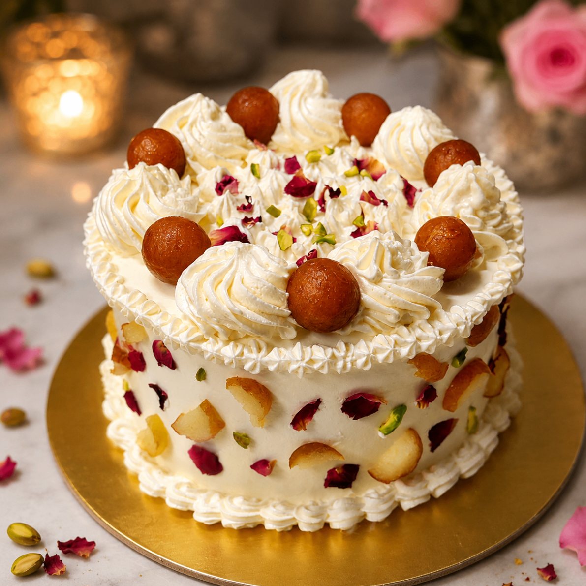 Cream cake topped with gulab jamun, pistachios and rose petals
