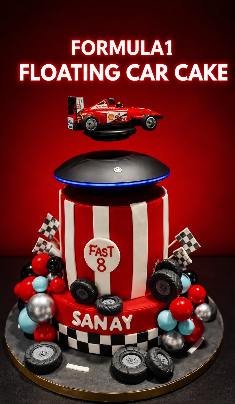 Formula One themed floating car celebration cake in red and black