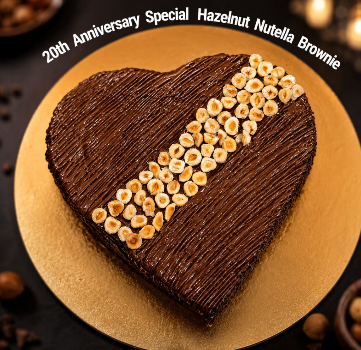 Heart-shaped hazelnut Nutella brownie topped with roasted hazelnuts
